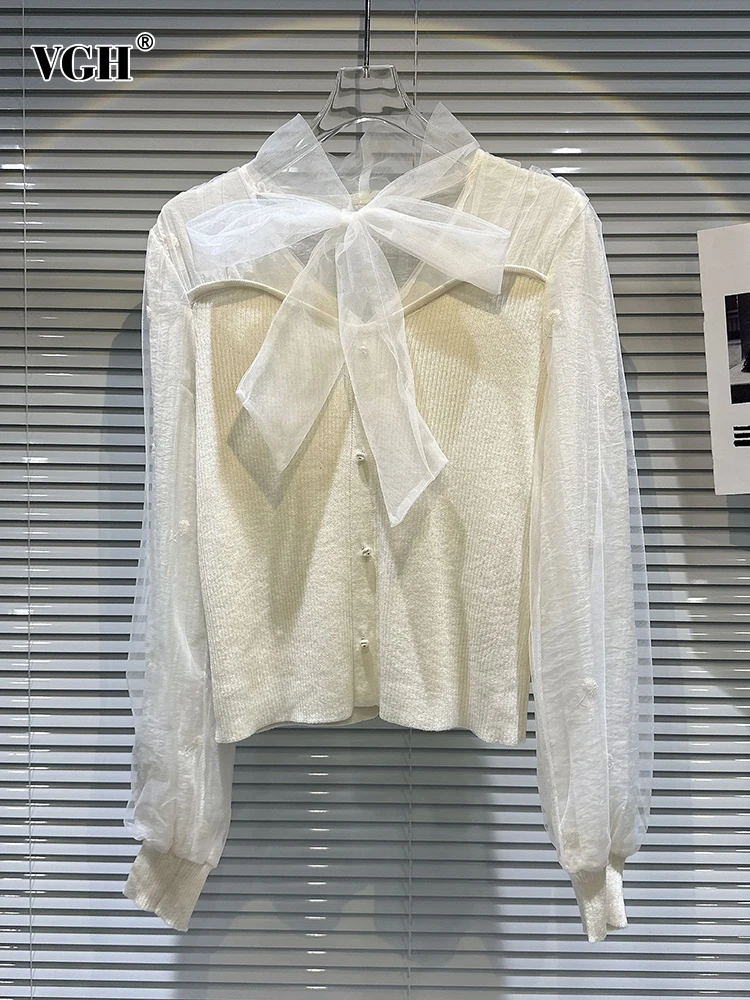 

Женский трикотажный свитер с бантом VGH, однотонный сетчатый однобортный свитер с V-образным вырезом и длинным рукавом, приталенный, в стиле пэчворк