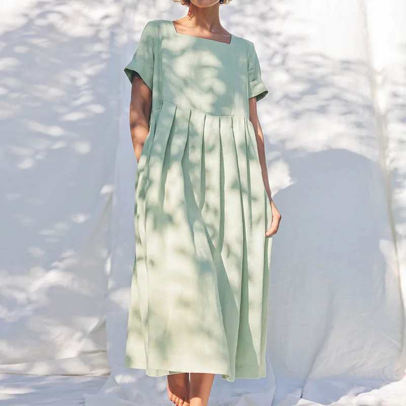 

Johnature 2023 New Cotton Linen Simple Dress For Women Summer Casual Square Collar Pleated Loose Pockets Female Dresses