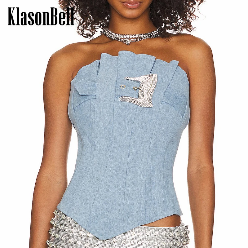 

7.7 KlasonBell Fashion Sexy Patchwork Denim Diamonds Buckle Decoration Slim Strapless Tank Top Women
