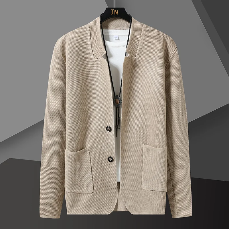 2022 Solid Color Cardigan Jacket Men Knit Casual Stand Collar Loose Cardigan Coat Men Korean Khaki Black Gray Big Size Jacket