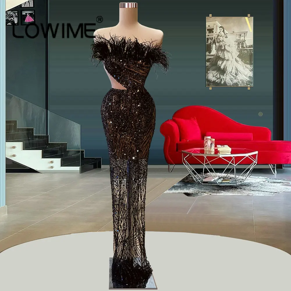 

Black Feathers Strapless Long Mermaid Wedding Evening Dresses Sexy Illusion Sparkly Sequins Arabic Women Pageant Prom Gowns