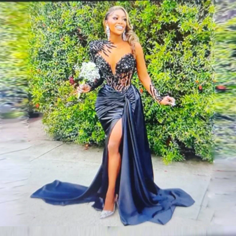 

Aso Ebi Mermaid Evening Gowns Sheer Neck Illusion Long Sleeves Lace Appliques Prom Dresses Sexy High Split Formal Party Dress