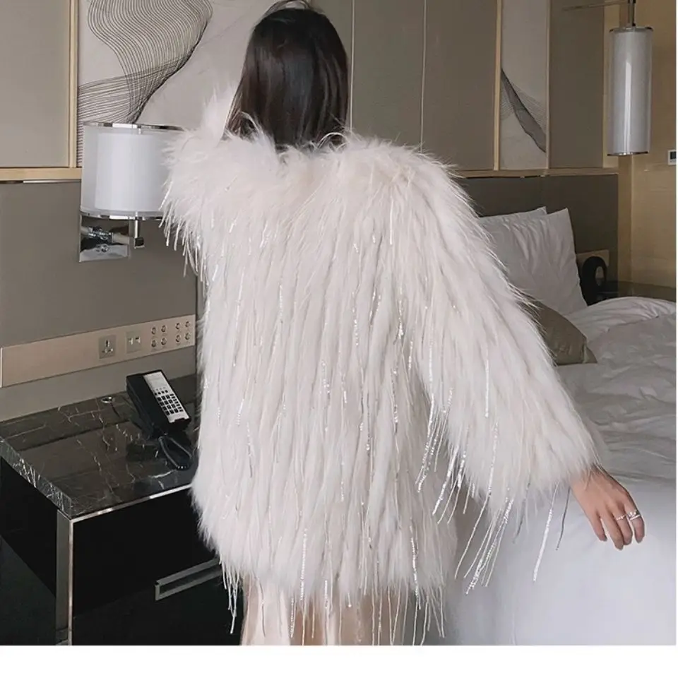 Fur coat, medium long wool bright silk coat, female winter