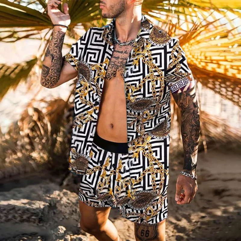 

Summer Men's Hawaiian Suit Short Sleeve Printed Button Shirt Beach Shorts Street Casual Men's Suit 2 Pieces