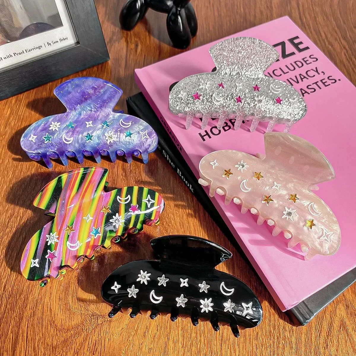BYL New Diamond Studded Star Moon Hair Clips Acrylic Material Fashionable Five Color Design Crab Clip Women's Accessories