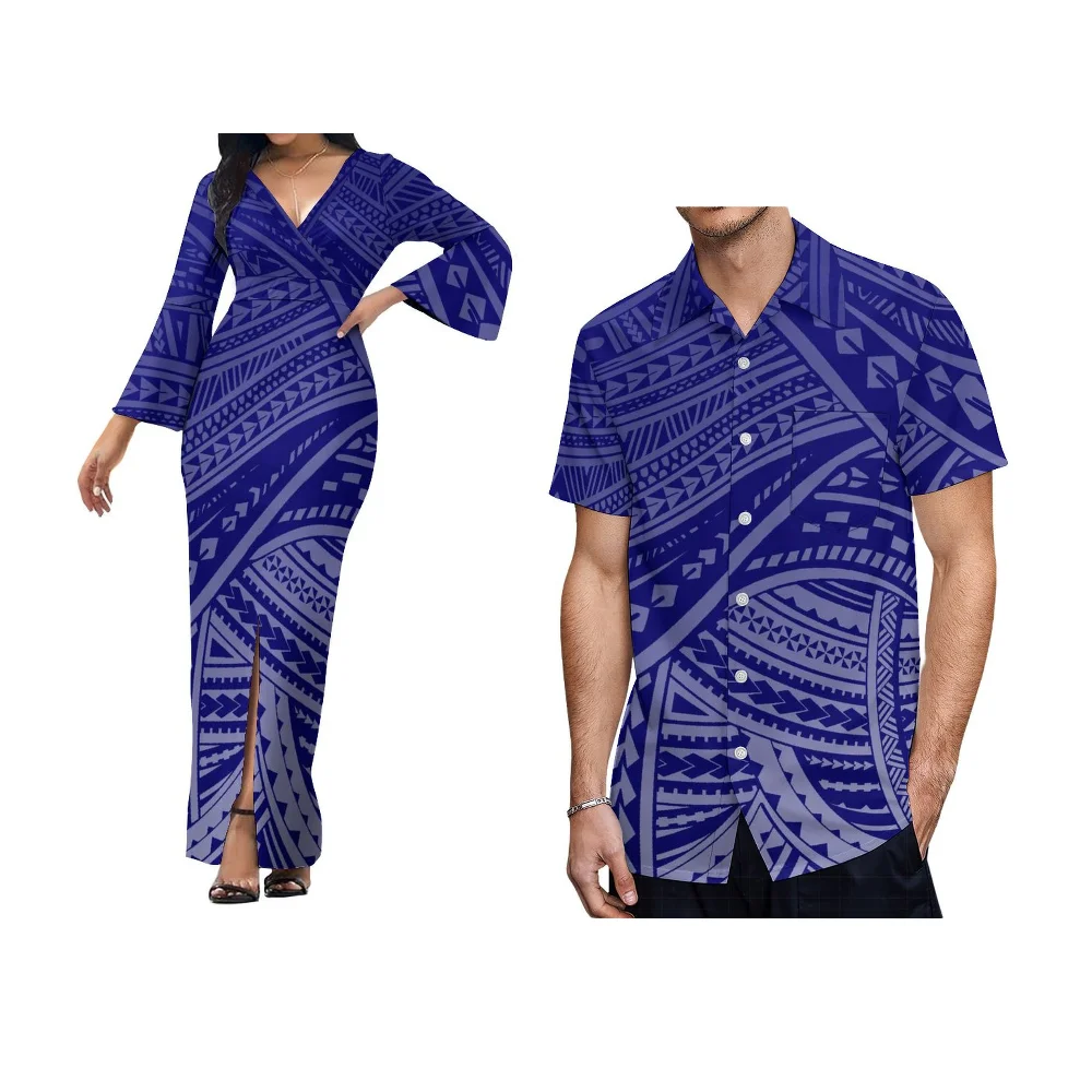 Pacific Islands Custom Clothing Couple Suit Polynesian Traditional Print Fashion Shirt Sexy V-Neck Tight Skirt Slit Design