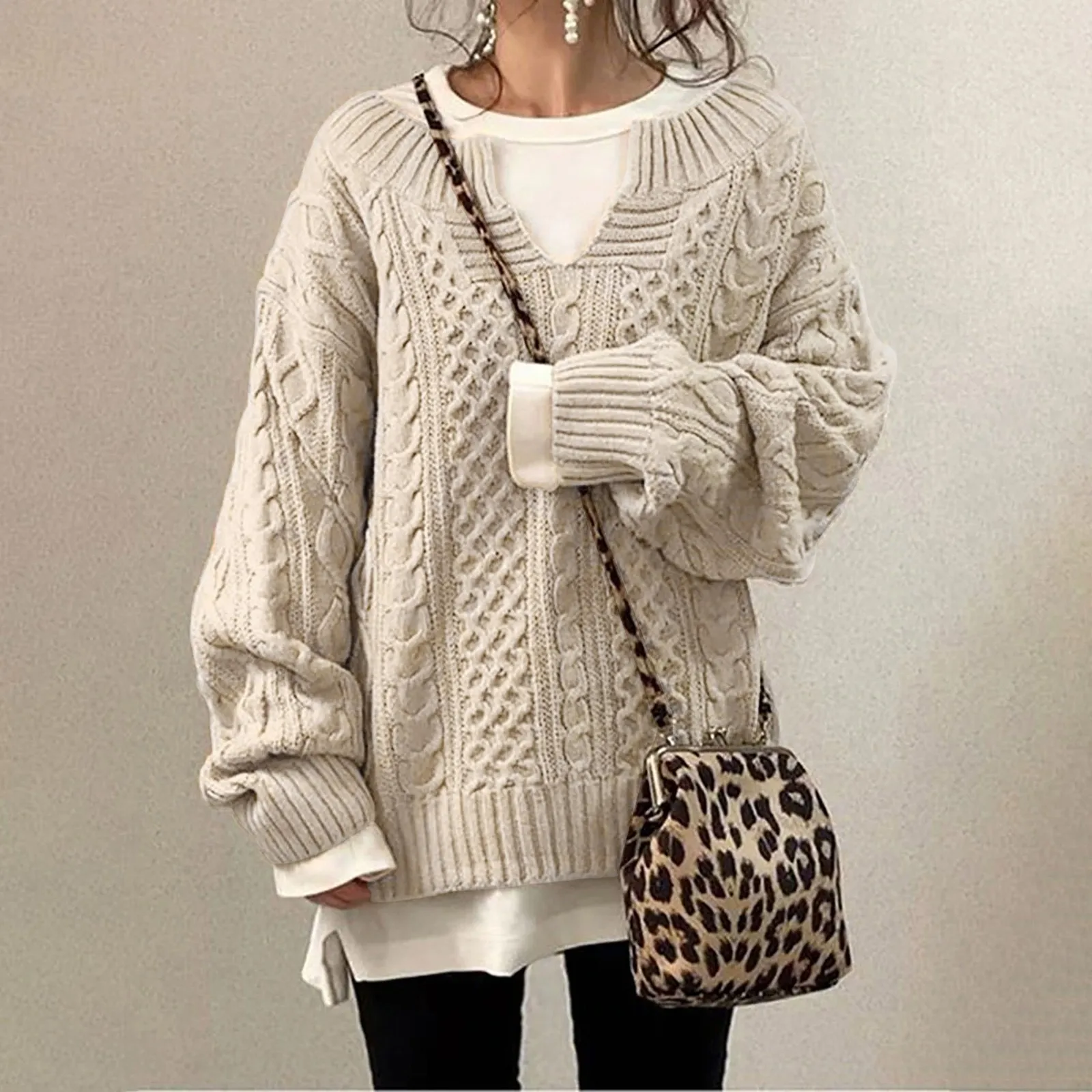 

Женский вязаный свитер, модные шикарные пуловеры, милые базовые повседневные свободные топы с длинным рукавом и V-образным вырезом, уличная одежда, трикотажные топы на осень и зиму