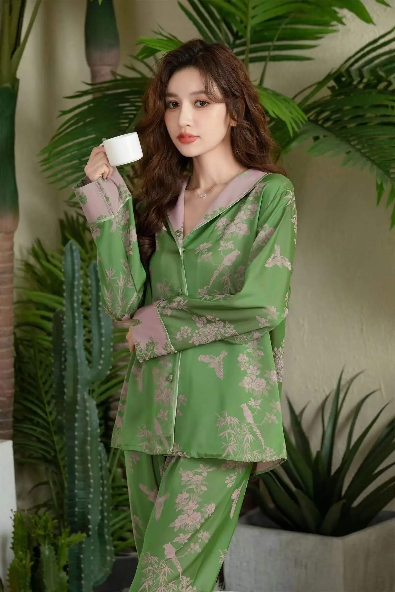 2023 Spring Silk Pajamas Women's Long Sleeves Simple Autumn High Quality Sleepwear Suit V-neck Comfortable Print Loungewear