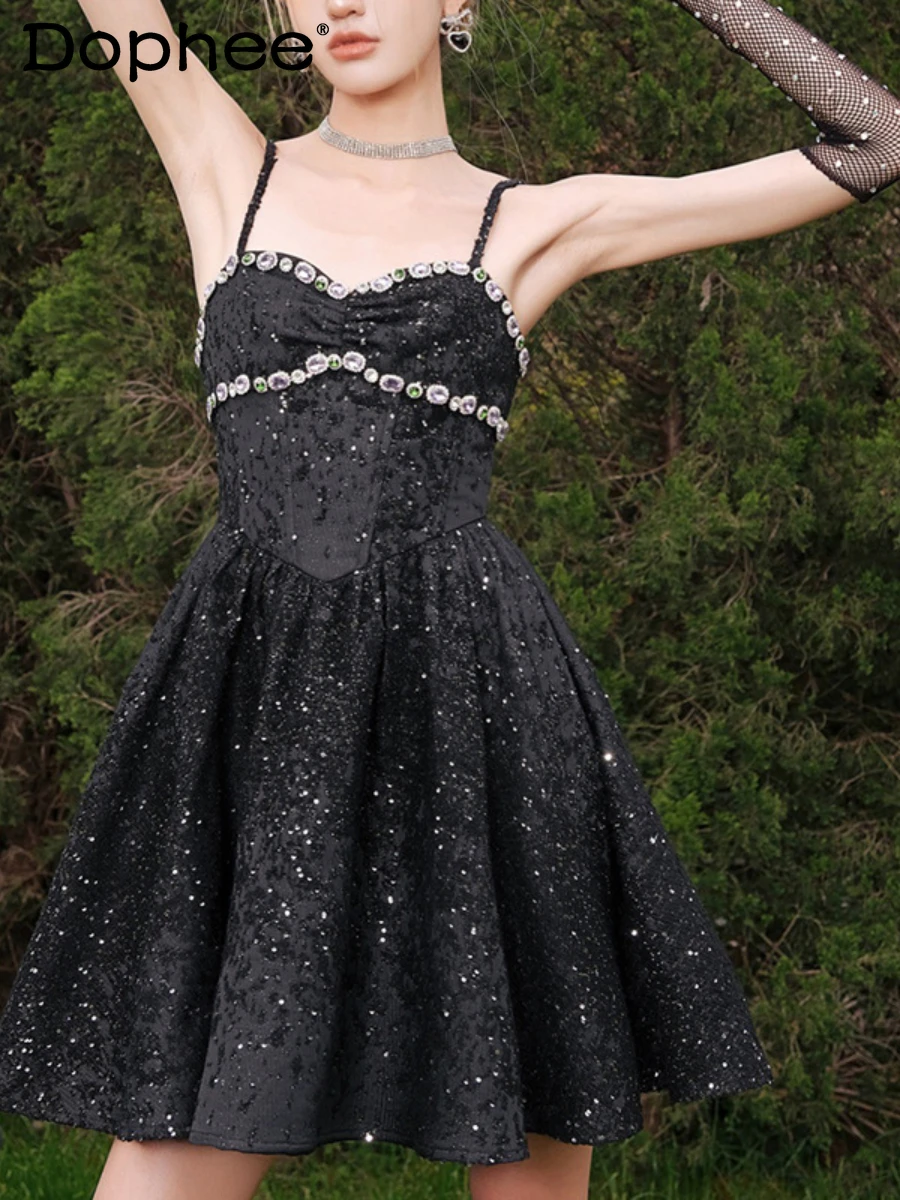 

Heavy Industry Rhinestone Slim Waist Sequin Sling Dress Women 2022 New Summer Dress French Heavy Diamond Black Puffy Dress Party
