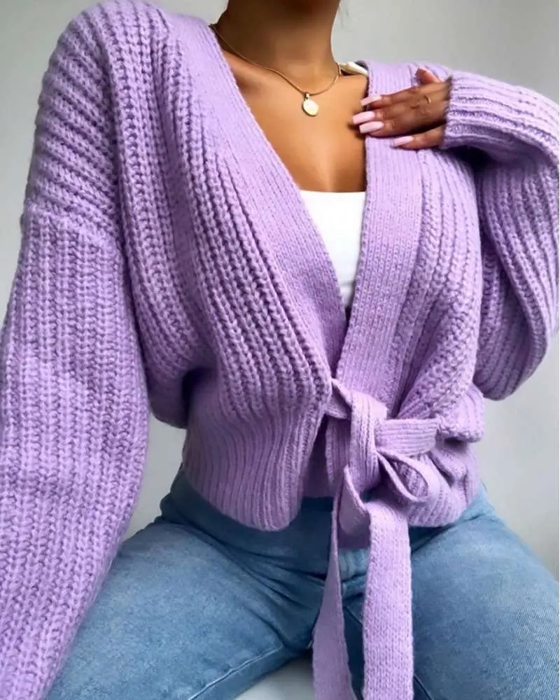 

New Womens Sweater V-Neck Cardigan Lace Up Bow Sweater Solid Color Females Coat White Purple Grey Apricot Casual Street Style