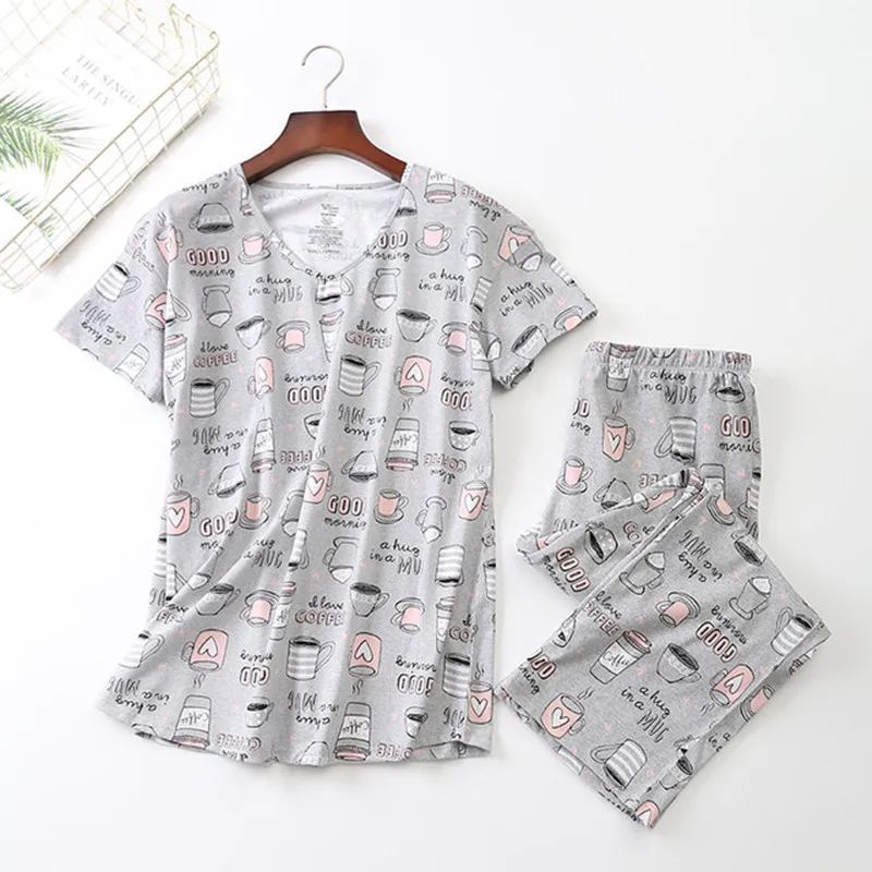 Summer Pajamas Set Short Sleeve T-shirt Calf-length Pants Cartoon Pyjama Big Size Mom Soft Homewear Cozy Plus Sleepwear