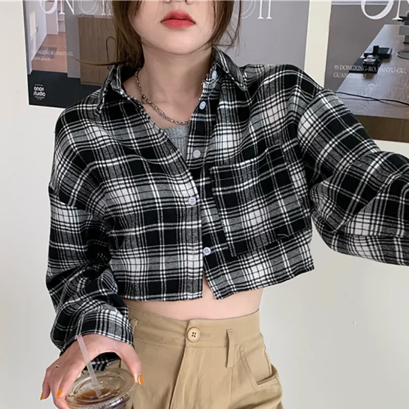 

Блузка женская в клетку, с длинным рукавом и отложным воротником