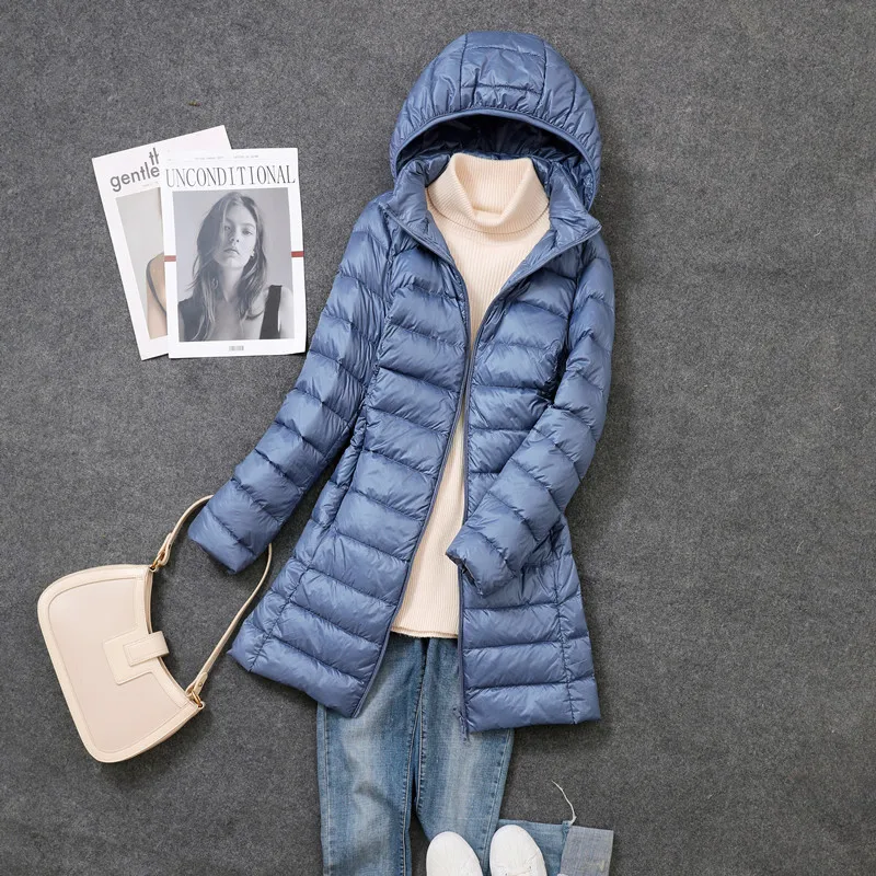 Winter Warm Womens Down Jackets Ultra Light Thin Casual Coat Quilted Jacket Slim Long Coat Removable Hooded Parka