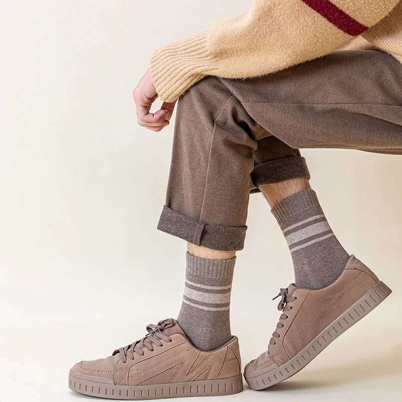 Men's Cotton Socks Winter Warm Socks Striped Fashion Casual Thick Harajuku Retro Terry Man Long Socks 5 Pair