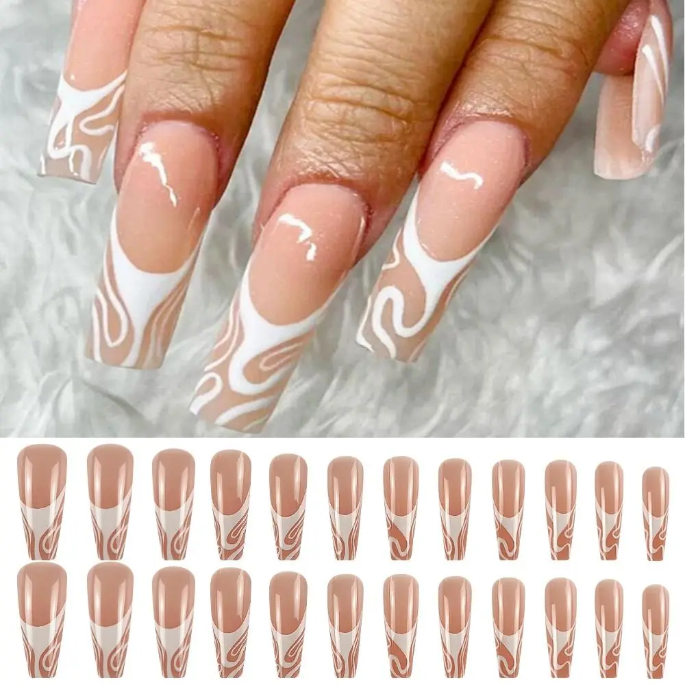 

24pcs French Manicure Nail Tips Detachable Fake Nails Marble Grain Pattern False Nails Long Ballerina