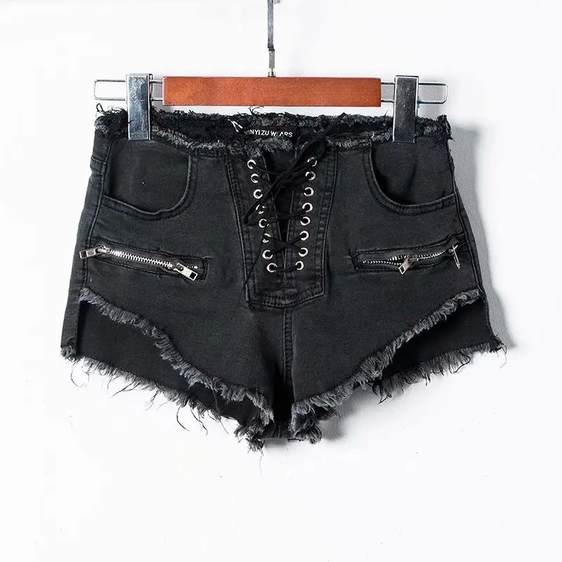 Summer Women New Fashion Zipper Sexy Shorts High Waist Denim Shorts Female White Front Lace-Up Korean Washed Short Jeans Casual