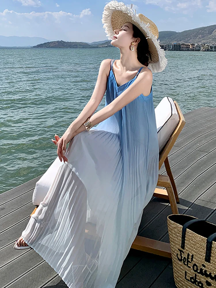 Женское шифоновое платье на бретельках Голубое Длинное Элегантное повседневное