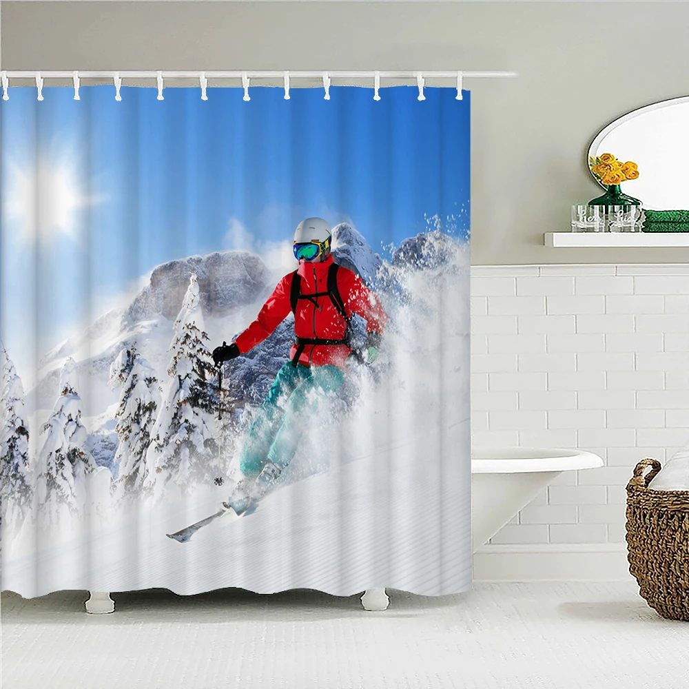 

3D Snow scene ski landscape printing bathroom waterproof shower curtain polyester snow mountain scenery curtain home decoration