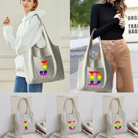 shopping bag foldable student canvas shoulder bag rainbow letter printed ladies shopper bag travel tote work handbag organizer