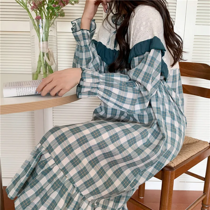 

Dark Blue Autumn Nightdress Women Ruffles Plaid Long Sleepwear Korean Cotton Linen Nightgown Jacquard Kawaii Homewear