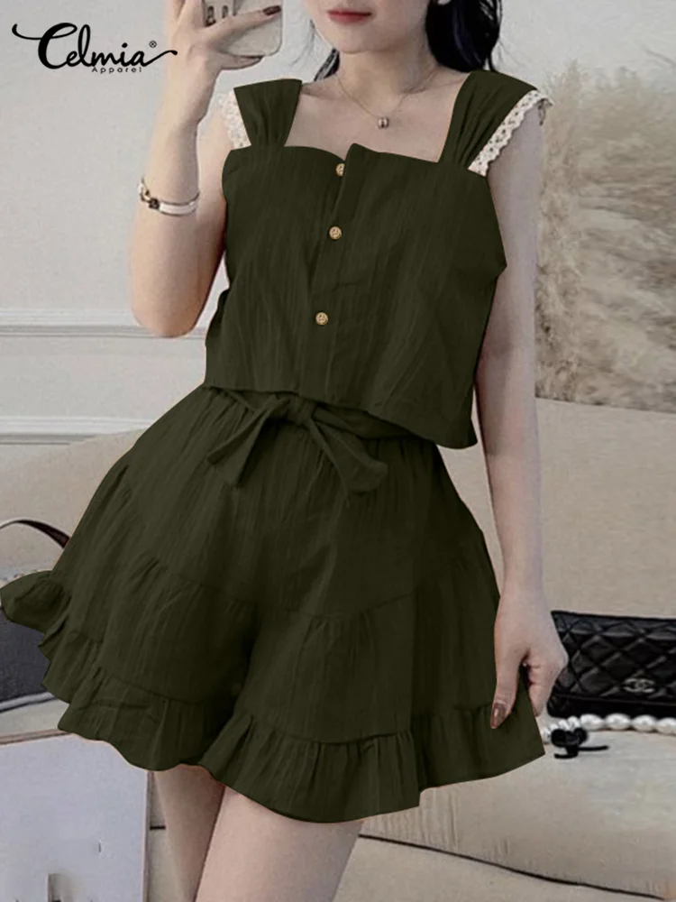 

Celmia Women Ruffled Sleeveless Crop Tops Elastic Waist Pleated Short Pant Suits Elegant Casual 2022 Summer 2pcs Sets Short Sets