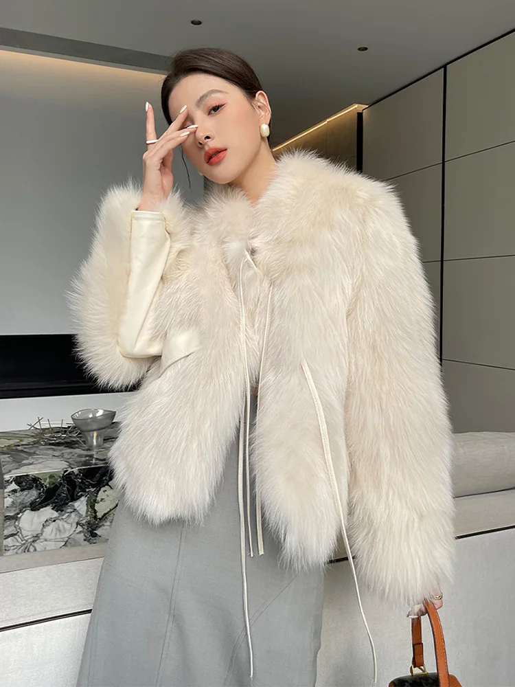 New Women Short Real Fur Coat Autumn Winter Luxurious Fashion Fox Belly Fur Down Cotton Lining Lace-up Thick Warm Fur Jacket