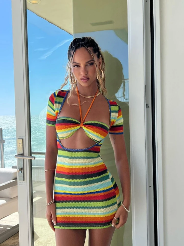 

Forefair Halter Neck Irregular Outfit Short Sleeve Dress Women Summer Sexy Party Dresses Beach 2022 Mini Clu Rainbow Multicolor