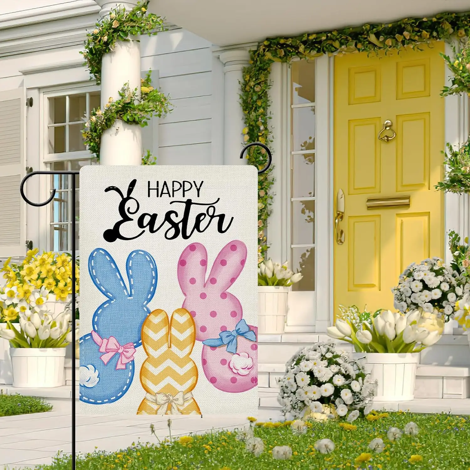 Фото Декоративный садовый флаг Dyrenson Happy Easter Peeps Bunny, красочный милый кролик для украшения двора и дома, весенний декор из мешковины IIX №2