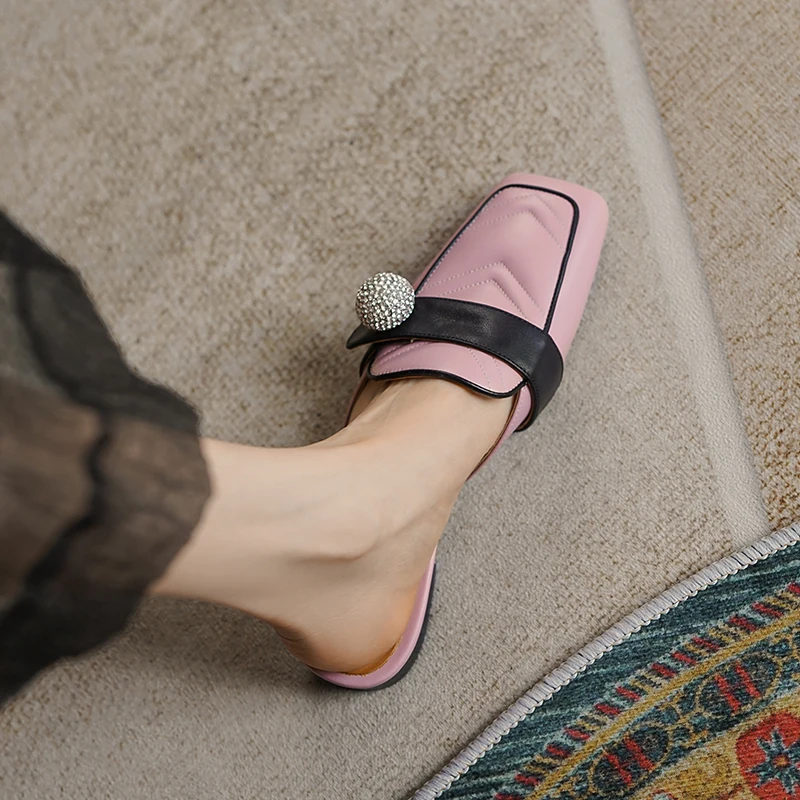 

Flat Shoes Woman Slip On Slippers Cowhide Mules Female Muller Shoes Square Toe Slides Simple Style Handmade Ladies Flats Size 40