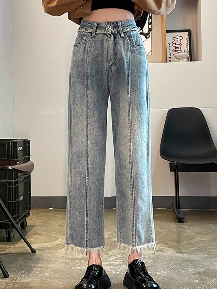 Casual Raw Hem High Waist Jeans Loose Wide Leg Pants 2023 New Korean Fashion Women'S Clothing