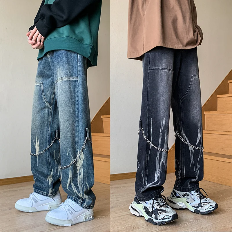 

Мужские прямые джинсы в стиле хип-хоп, свободные брюки из нейтрального денима с широкими штанинами, уличные брюки-карго, мужские мешковатые джинсы с цепочкой, большие размеры 5xl