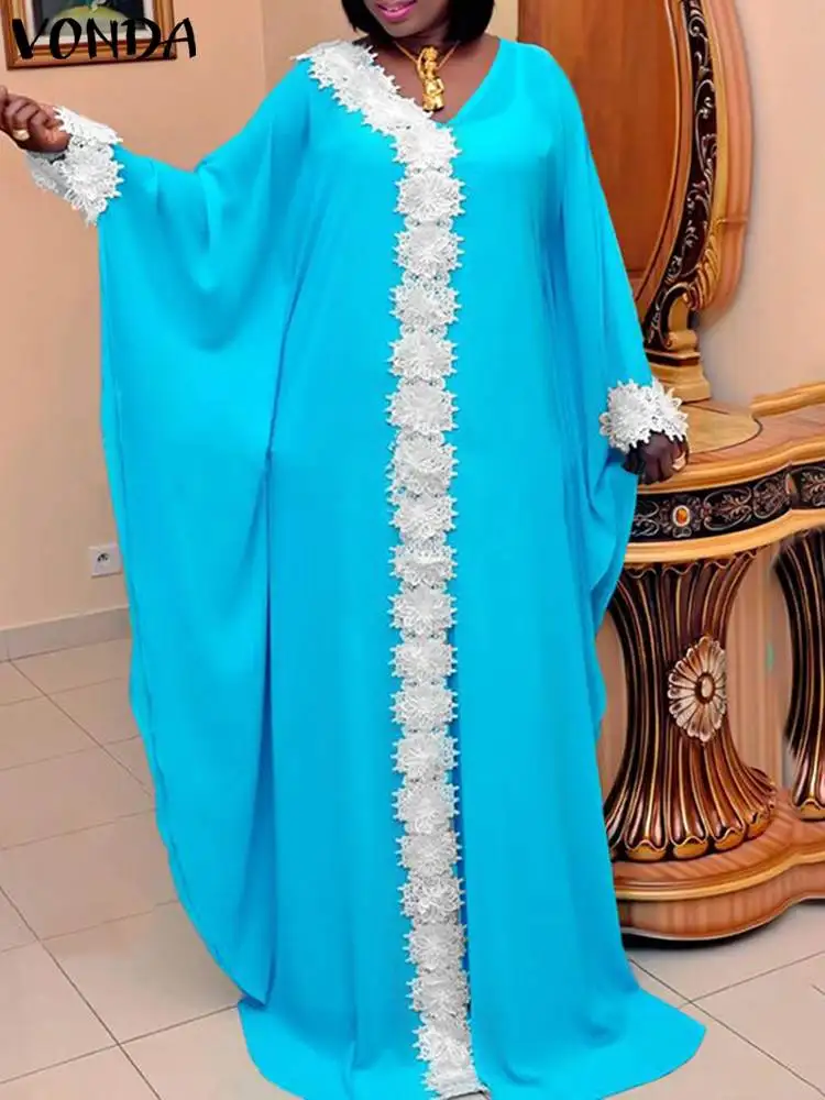 

Женское длинное платье-Кафтан 2022 VONDA, винтажное платье с длинным рукавом и V-образным вырезом, Женские винтажные кружевные лоскутные платья, ...