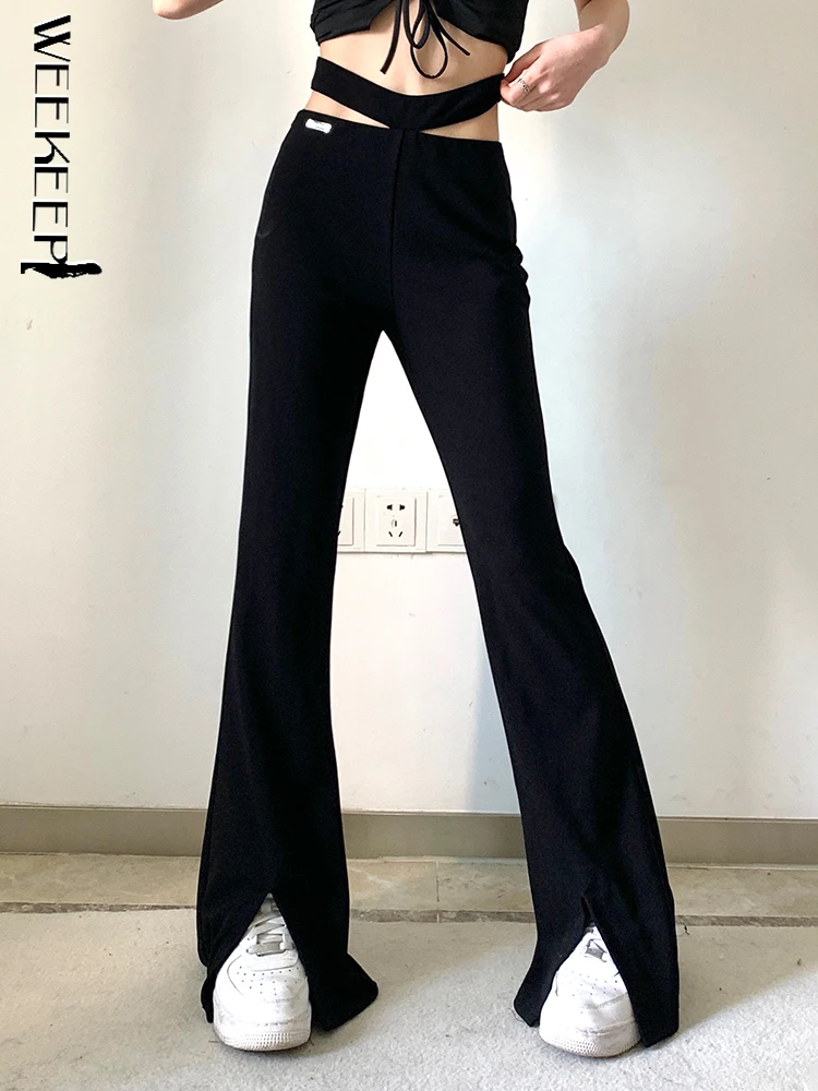 

Weekeep Casual Flare Pants Chic Hollow Out V Shape High Waist Slim Trousers Women Basic Streetwear Sweatpants Harajuku Trousers