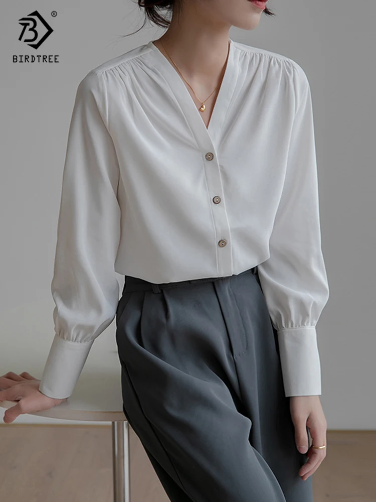 

2022 New Arrival Women V-Neck Satin Blouse Lantern Sleeve Button Up White Shirt Elegant Autumn Office Wear Casual Tops T24707X