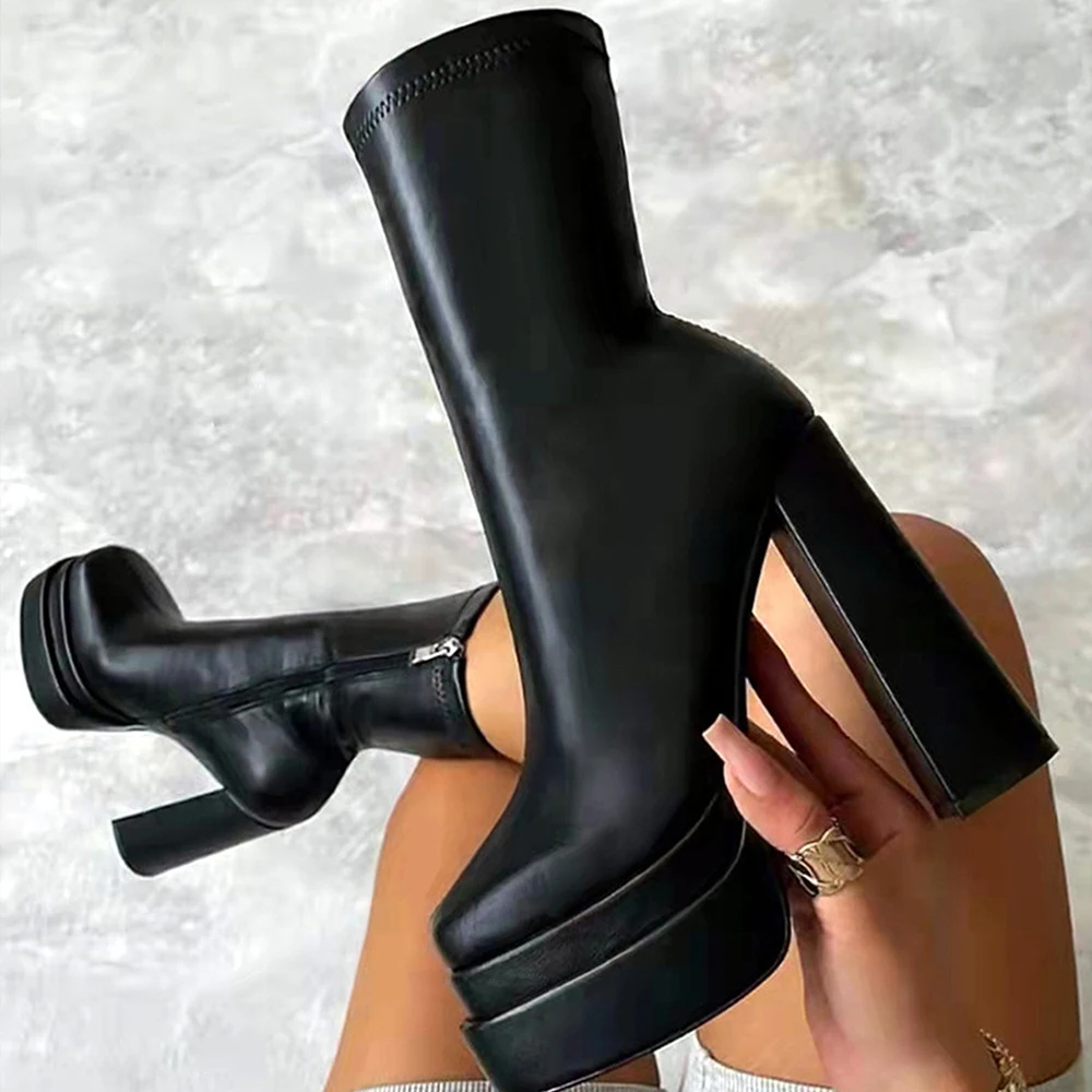 High Heel Boots for Women Solid Zipper Knight Boots Fashion Square Toe Platform Thick Heels Sexy Short Ankle Boots Black Shoes