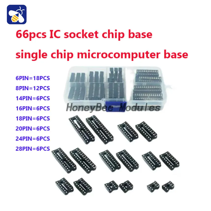

66PCS IC chip holder IC socket chip socket sample box flat foot 8 kinds of specifications 66pcs 6P-28P