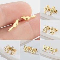 hollow cut origami animal ear jewelry style wholesale silvergoldblack plated stainless steel fox stud earrings for men women