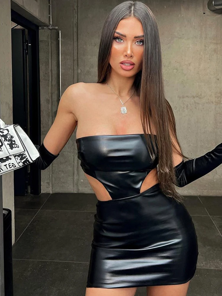 

Sibybo Black Hollow Out PU Leather Dress Women Wrapped Chest Backless Sexy Party Dresses Femme Off Shoulder High Street Clothes