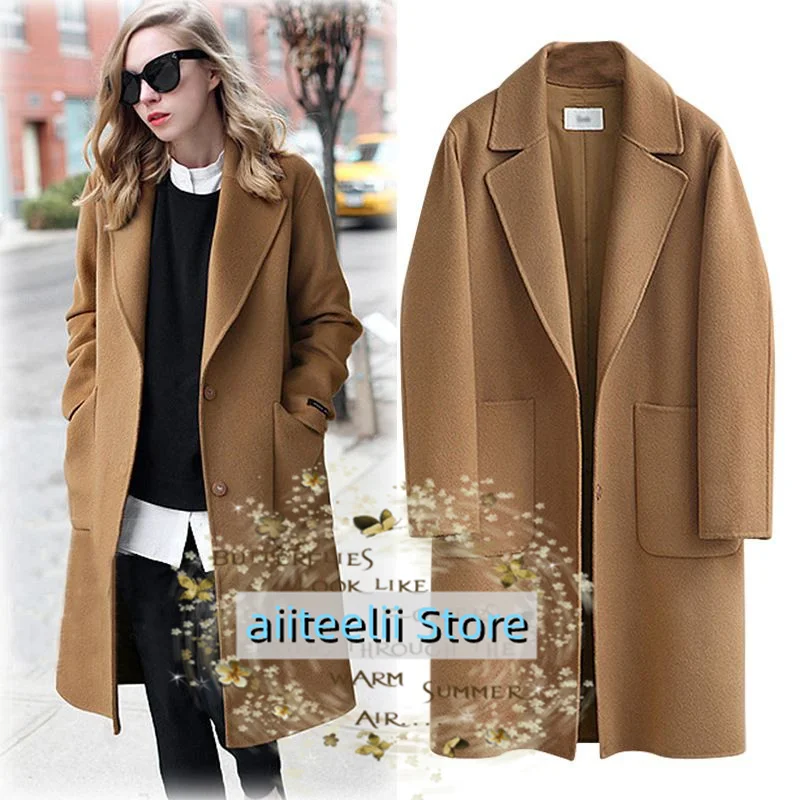 

2022 New Ladies Woolen Coat Single-Breasted Lapel Collar Women's Jacket Fashion Long Business костюм женский