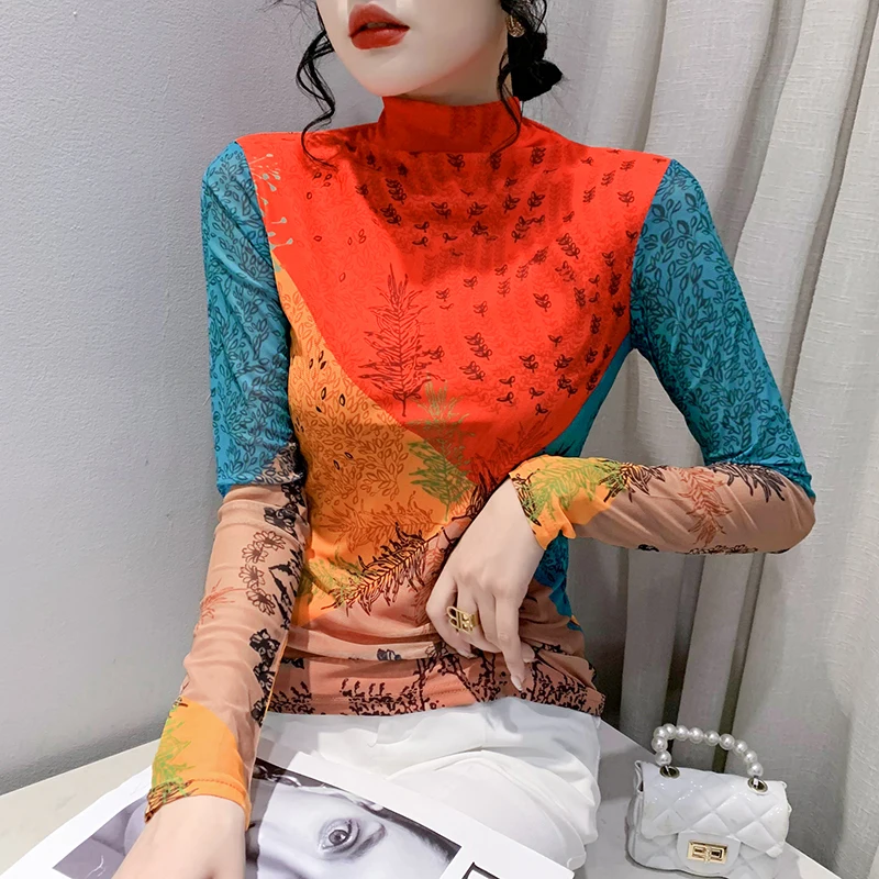 

Women's Fall/Winter 2022 Koera Trend Mesh High Neck Long Sleeved T-shirt Printed Slim Women's Color Contrast Top Free Shipping