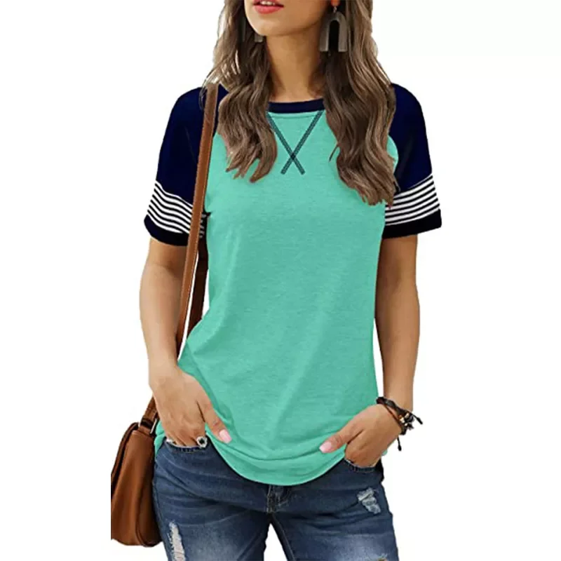

New2022 Summer Top Shirts O Neck T Shirt Women Short Sleeve Casual Tshirts Strip T-Shirt Cotton Tee Shirt Clothing 19319