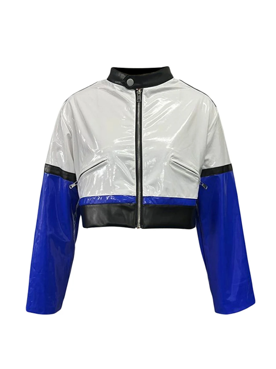 

Women PU Leather Cropped Jacket Zipper Long Sleeve Contrast Color Slim Short Motorcycle Coat Outwear