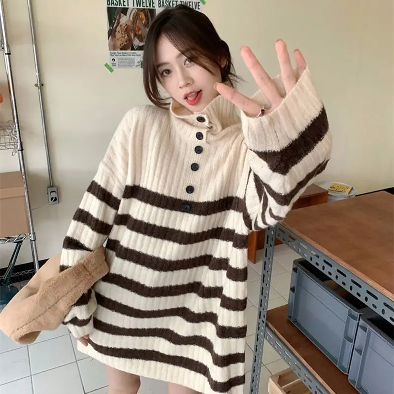 

Autumn and winter sweater Korean high collar button stripe knitted sweater casual loose long sleeve pullover long sleeve sweater