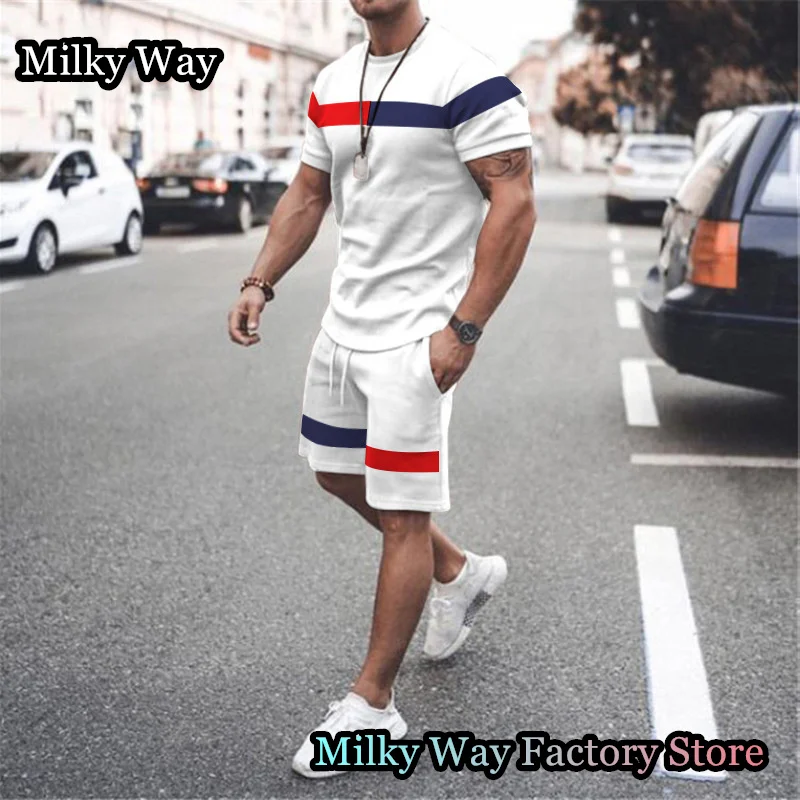 Summer Men Casual Tracksuit 2 Pieces Fashion Outfits Solid Color T-Shirt Shorts Suit Male Large Size Clothing New Streetwear