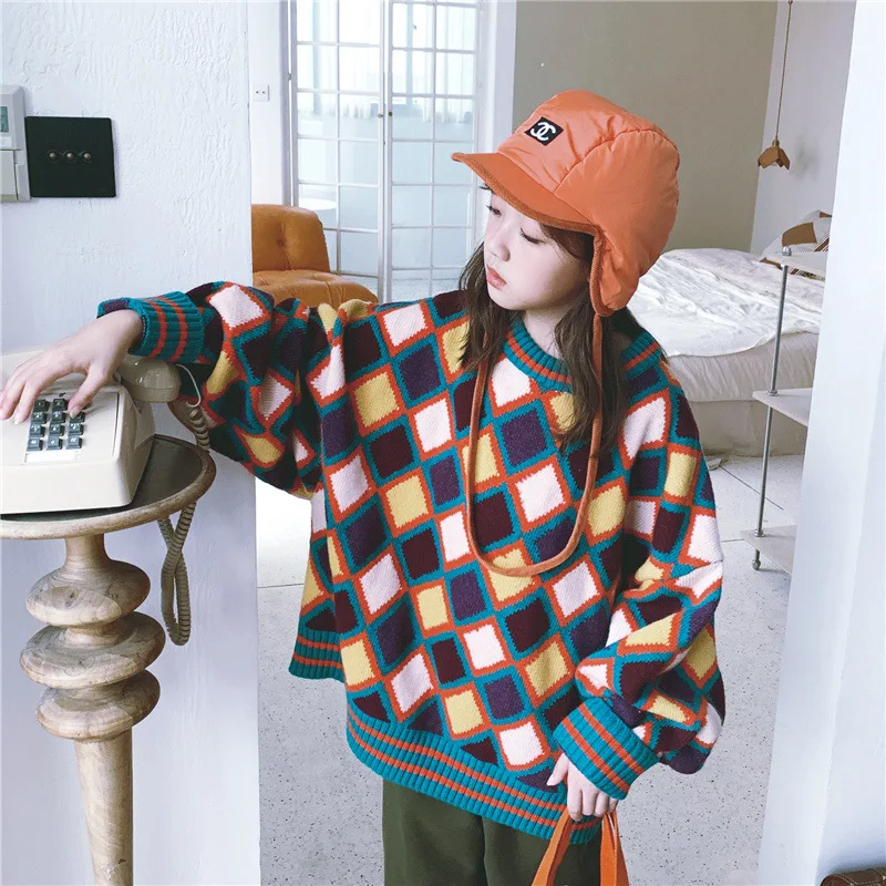 Fashion All-match Children Outerwear Kids Pullover Sweater Autumn Winter New Multicolor Plaid Loose Knitted Sweater for Girls