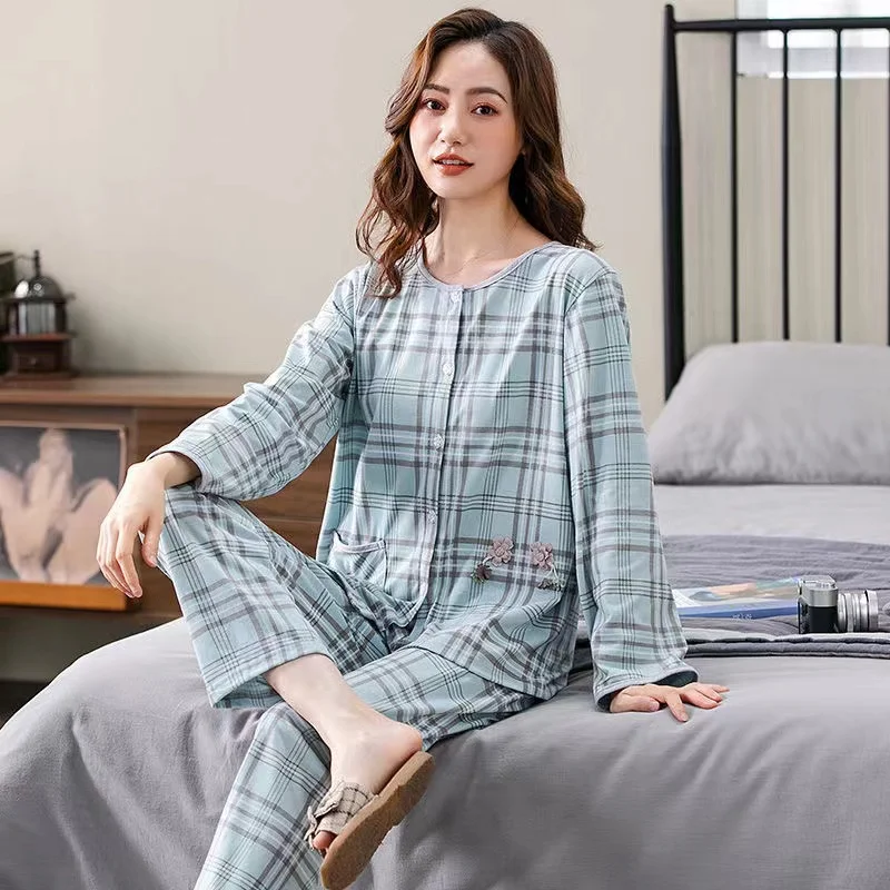 Spring/Autumn Pajamas Set For Women 100% Cotton Mom Sleepwear Long Sleeve Trousers Home Clothes Homewear