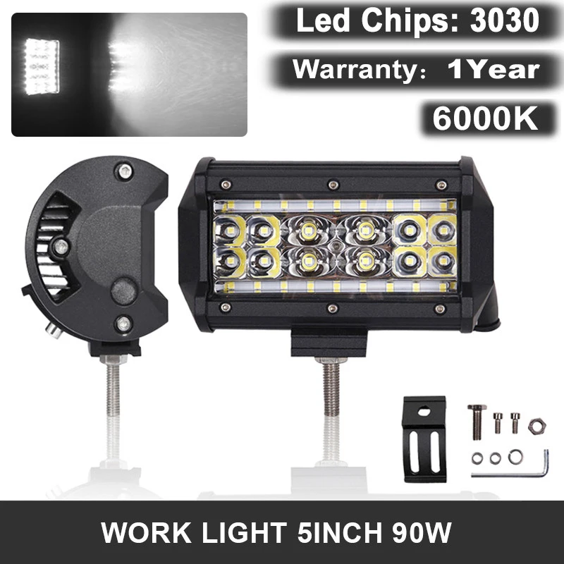 

LED Work Light 5Inch Led Bar White Fog Lights 6000K 12V 90W 9000LM For Car Trucks Trailer JK Off Road SUV 4X4 ATV 4WD Motorcycle