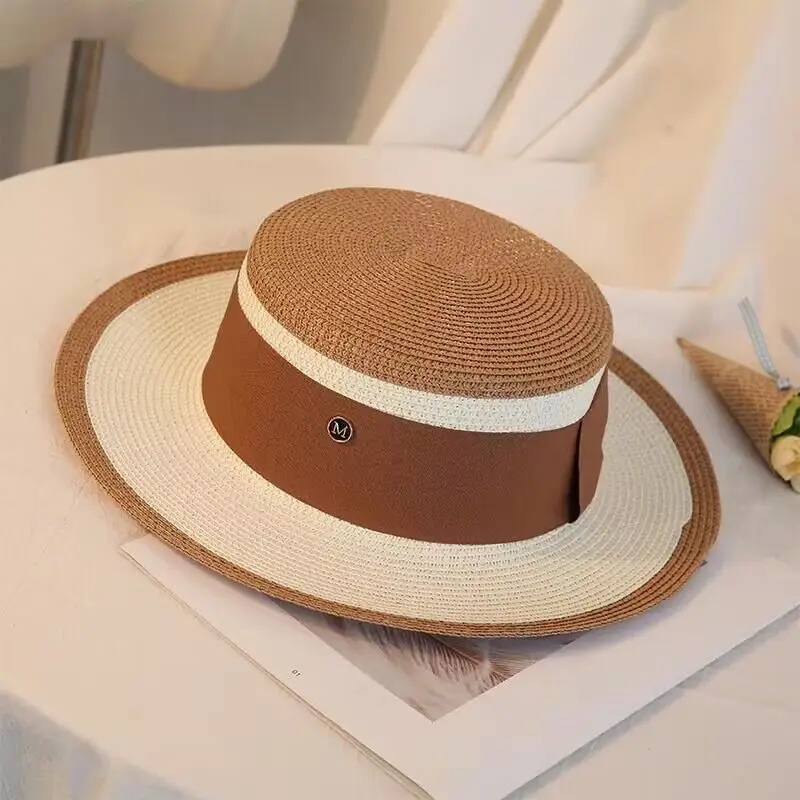 

New Summer Elegant Retro Hepburn Style Women Flat Top Straw Hat Trip Caps Wide Brim Panama Sun Hats UV Protection Beach Hat