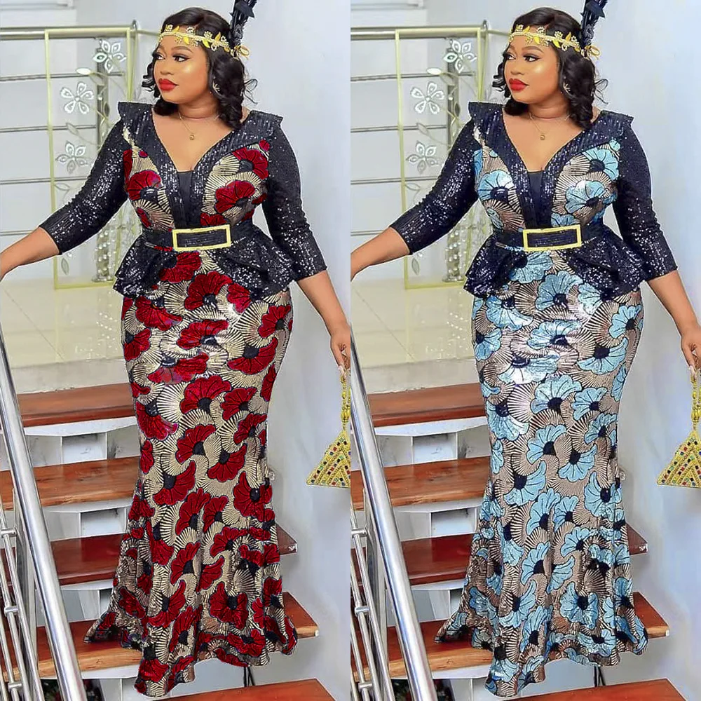 

Plus Size African Party Dresses Women 2023 Dashiki Fashion Turkey Sequin Evening Gowns Elegant Abayas Kaftan Boubou Robe Gown