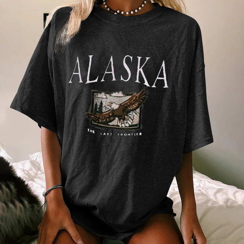 

Gray Eagle Letter Print Round Neck Oversized T-shirt Women 2022 Summer Casual Short Sleeve Plus Fashion Top Harajuku T Shirt